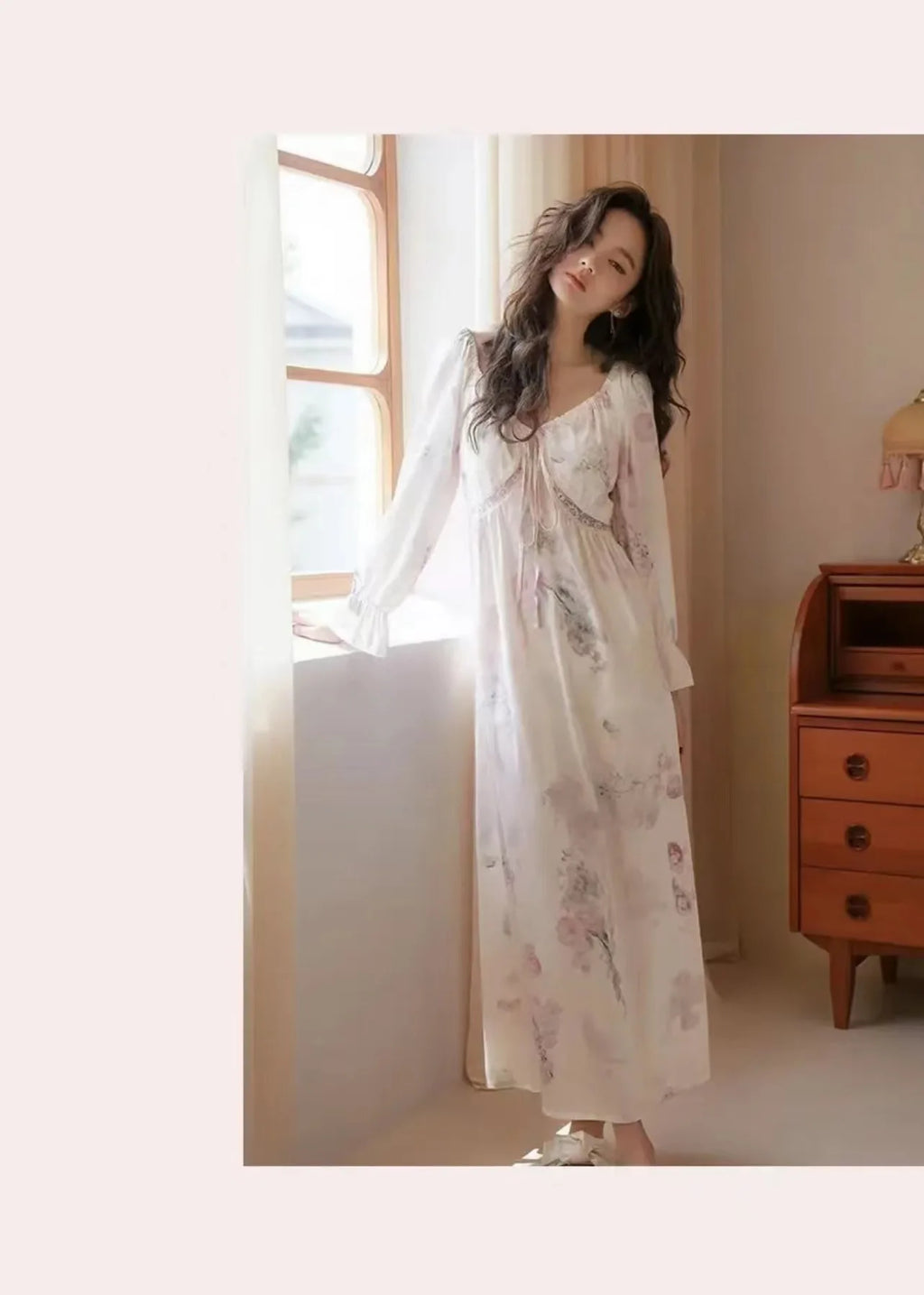 Floral Print Women Nightgown Summer Lace Patchwork Ice Silk Ladies Night Dress Long Sleeve Sexy Lace Up Nightdress for Female