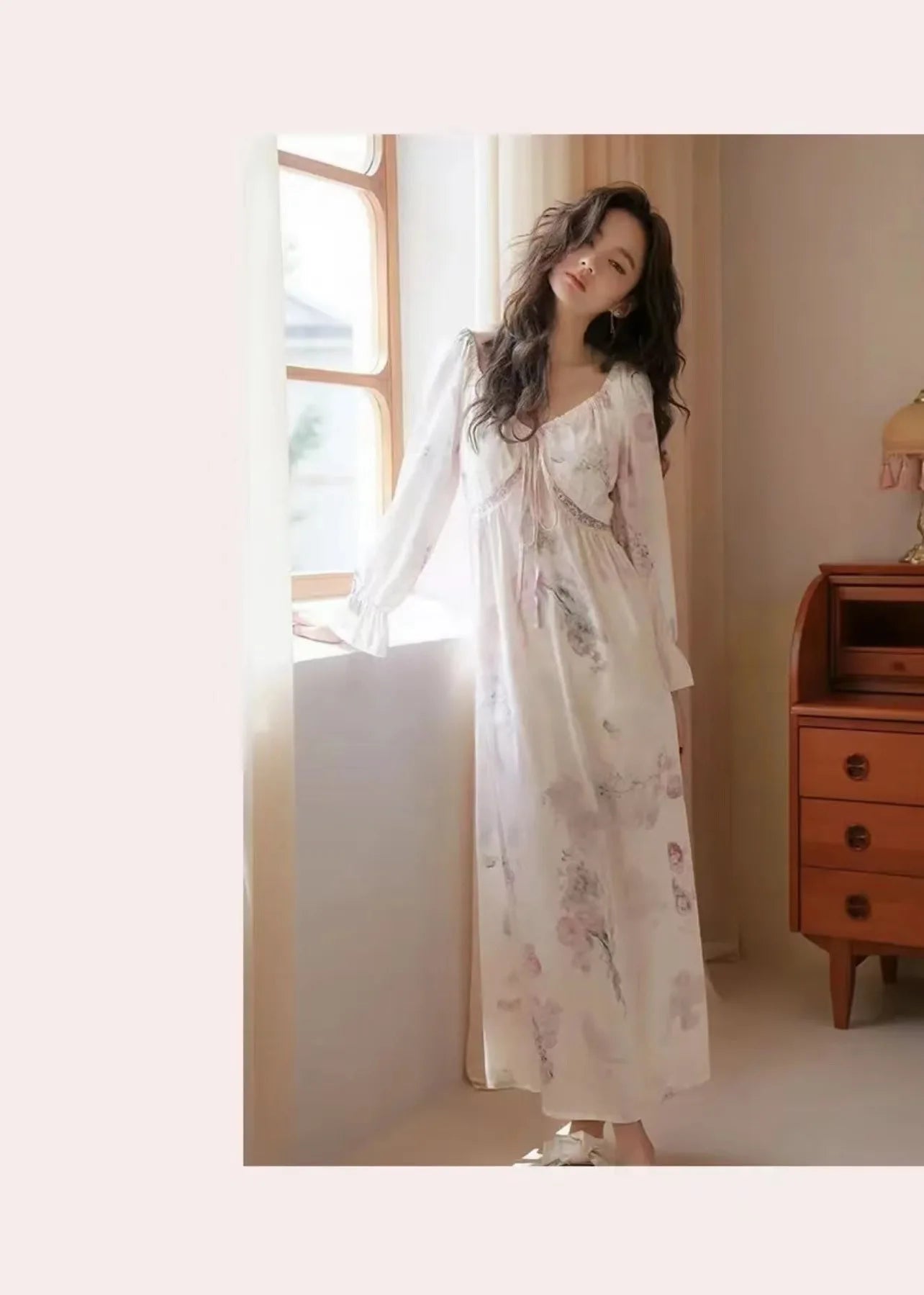 Floral Print Women Nightgown Summer Lace Patchwork Ice Silk Ladies Night Dress Long Sleeve Sexy Lace Up Nightdress for Female