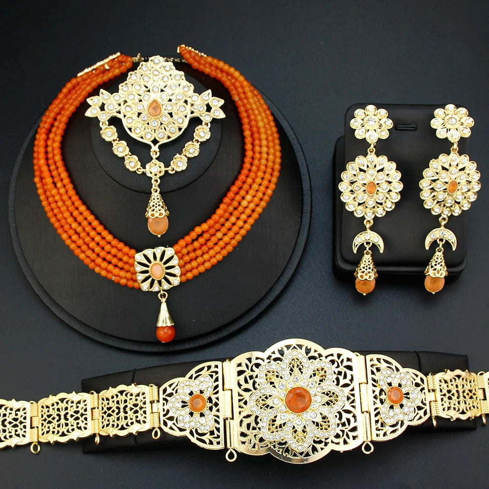 Sunspicems Moroccan Jewelry Sets For Women Gold Color Caftan Waist Chain Belt Orange Bead Choker Necklace Drop Earring Brooch