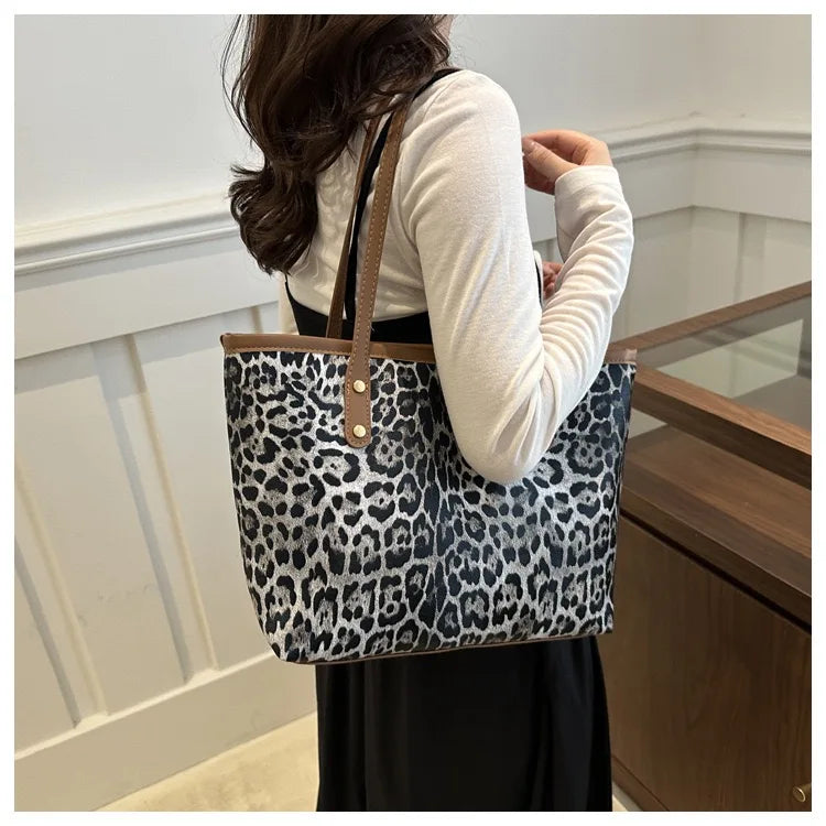 Women's Leopard Print Tote bag Pu Leather Underarm Bags Simple Casual Travel Shopping Bag Large Capacity Mother and Child Packag