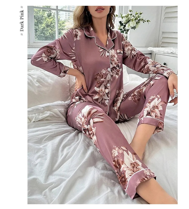 Pajamas For Women's Floral Print Long-Sleeved Sleepwear Button Down 2 Piece Soft Loungewear Pjs Set Pajama Pants Homewear