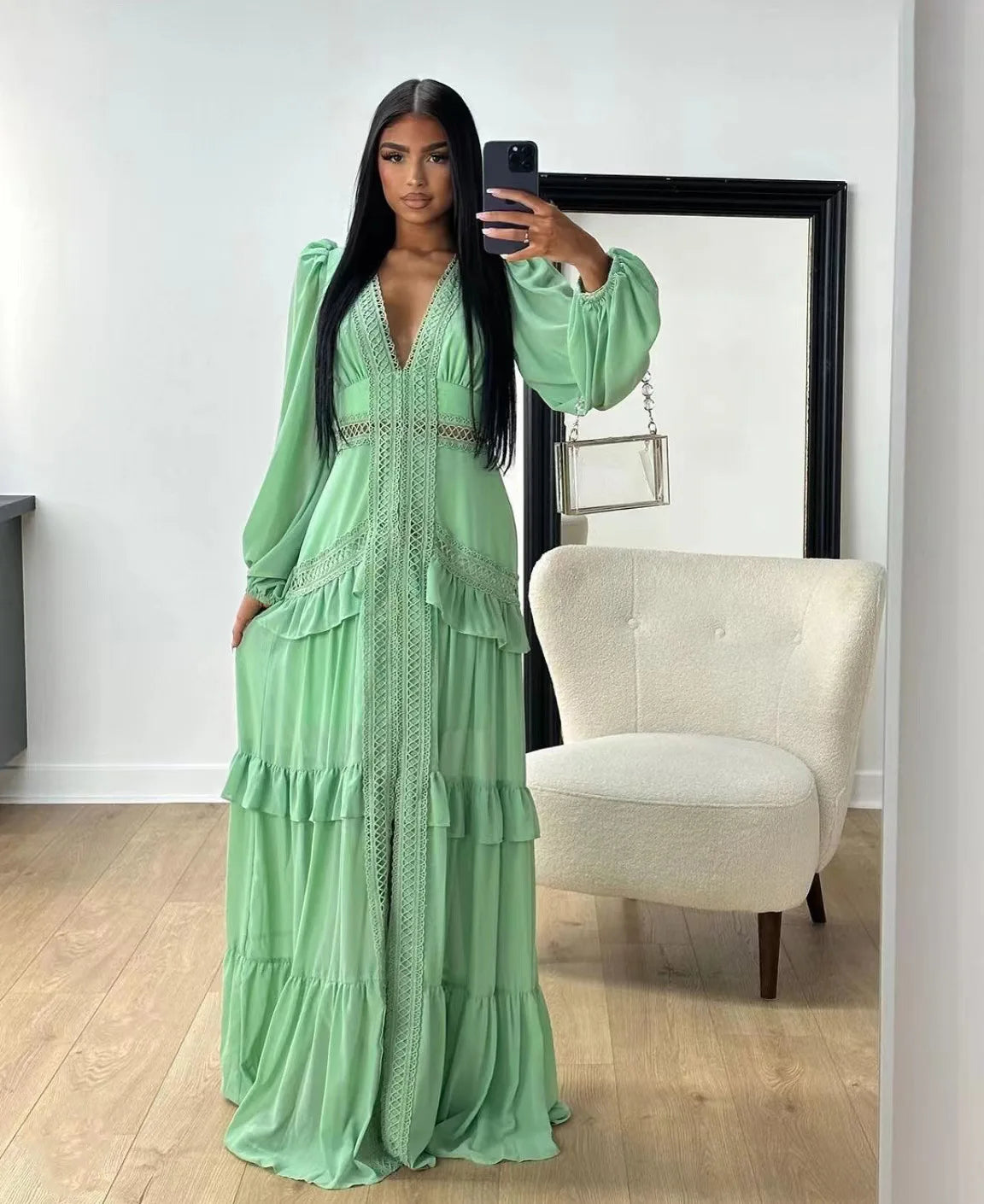 Elegant Womens Maxi Dress Ruffles Long Sleeve Hollow Out Evening Dresses Party Chic Robe Green Blue Purple New In Holiday Summer