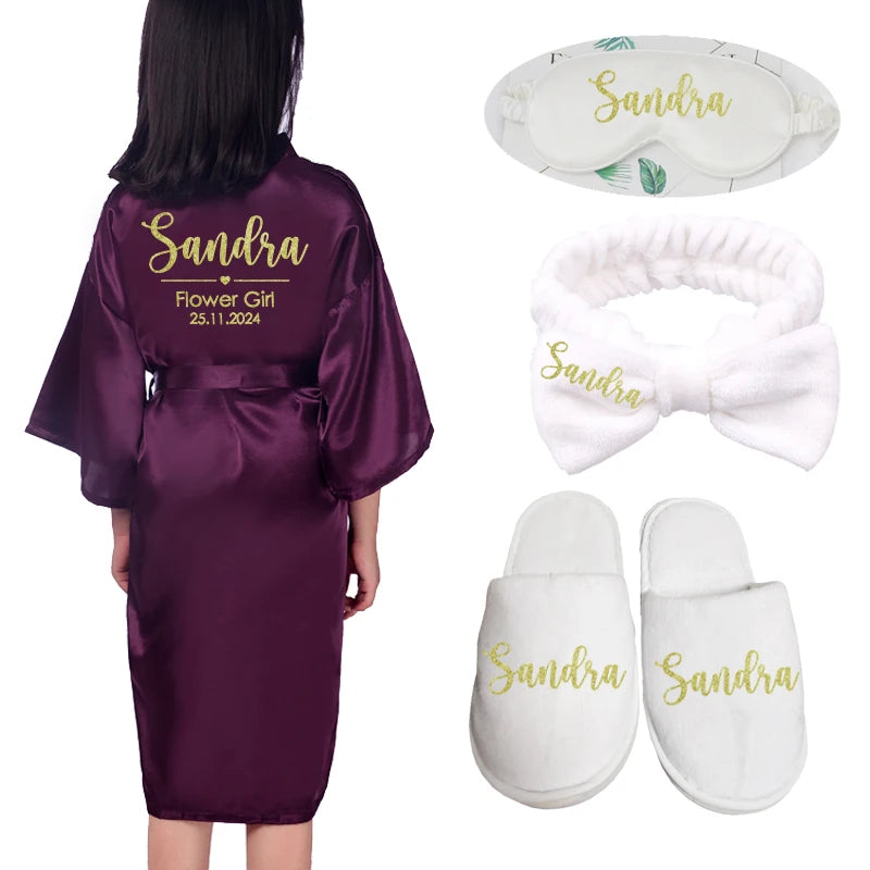Customized Name Date Flower Girl Robes Set Wedding Bathrobes Pajamas Kids Nightdress Birthday Party Kid Robe