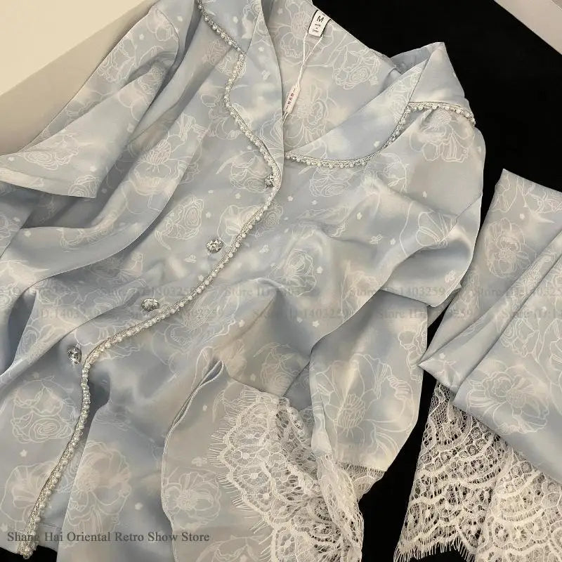 Plus Size 4XL Female 2PCS Pajamas Set Loungewear Sweet Girl Print Flower Lace Sleepwear Long Sleeve Pijamas Silk Satin Homewear