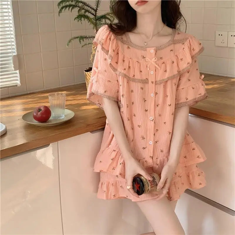 Women Sweet Floral Pajamas Female Summer Set Lace Princess Short-Sleeved Shorts Homewear Ladies Kawaii Soft Nightwear Loungewear