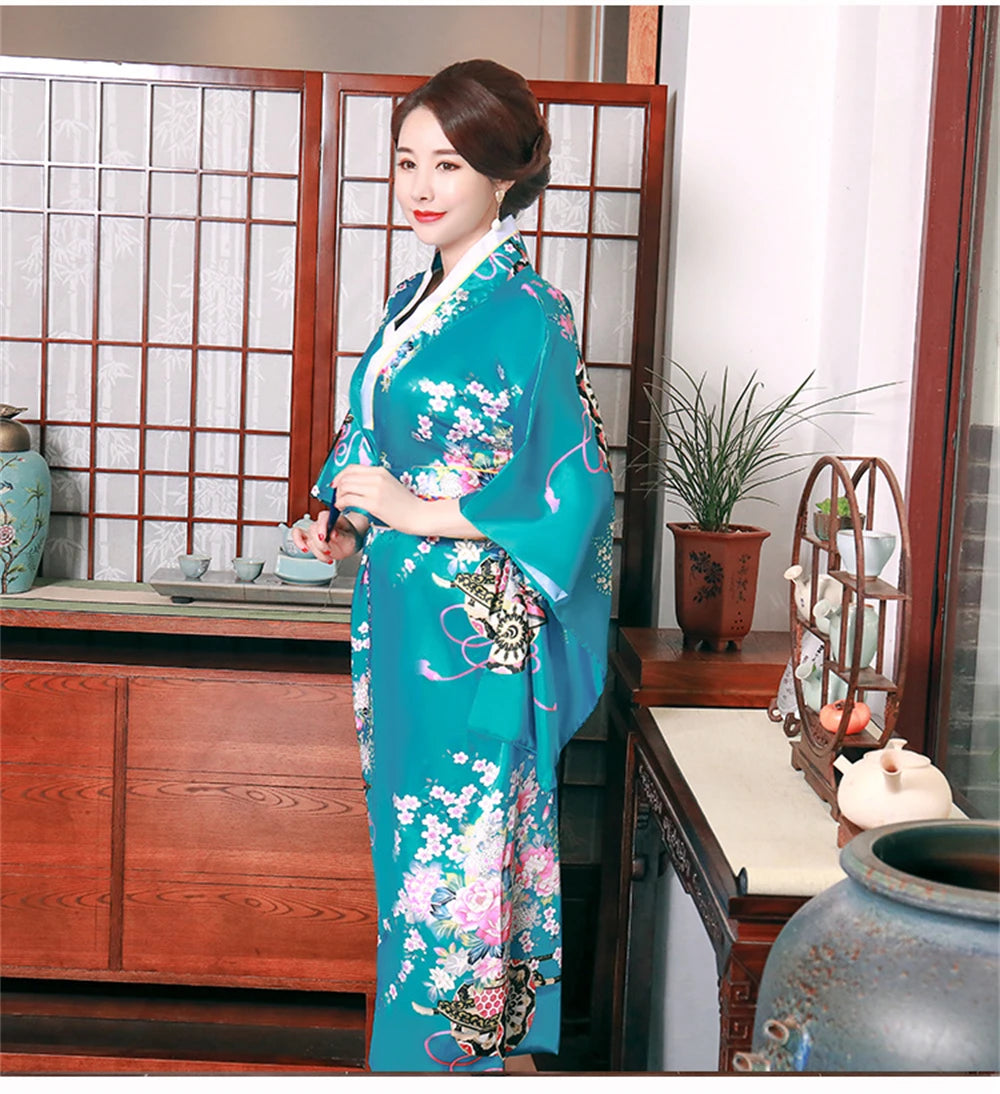 Traditional Japanese Satin Kimono Bathrobe With Obi Women Floral Print Nightgown Yukata Novelty Gown Bridal Homewear Sleepwear