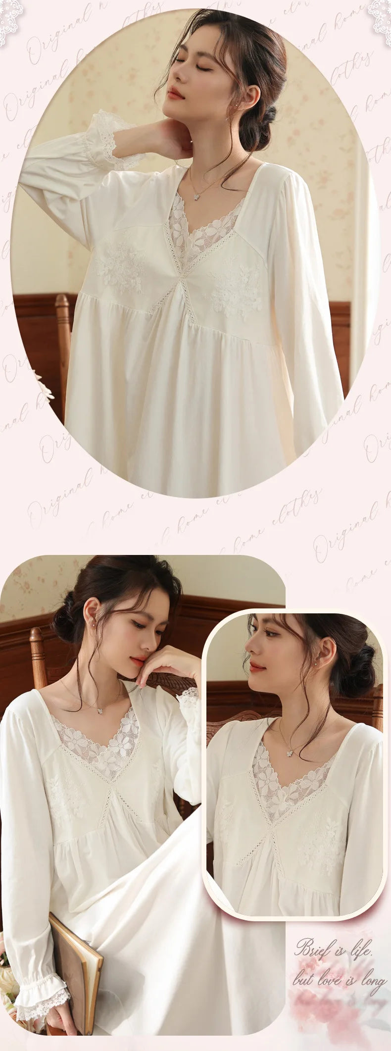 Vintage Victorian Nightgown Women Lace Embroidered Palace Style Princess Sleep Dress Cotton Soft Romantic French Loungewear