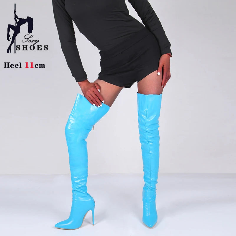 Women Boots Red Black Pointy Toe Thigh High Long Boots Autumn Winter Zip Over-the-Knee Boots Party Shoes Plus Size 46 Stiletto