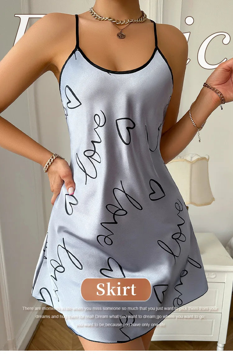 Heart Print Nightdress Elegant Scoop Neck Criss Cross Back Sleep Dress Women's Sleepwear