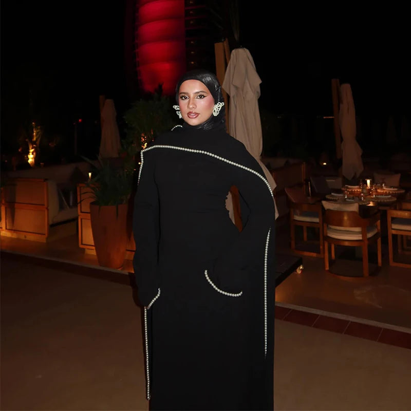 White Pearl Trim Cape Maxi Dress Women Elegant Long Sleeve Cinched Waist Muslim Robes 2026 Spring EID Abaya Lady Dresses
