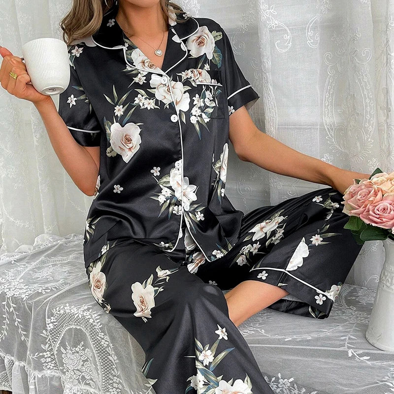 Women's Silk Pajama Set With Floral Print Short-Sleeve Lapel Chest Pocket Top And Long Pant Cozy Sleepwear Elegant Nightwear Pjs