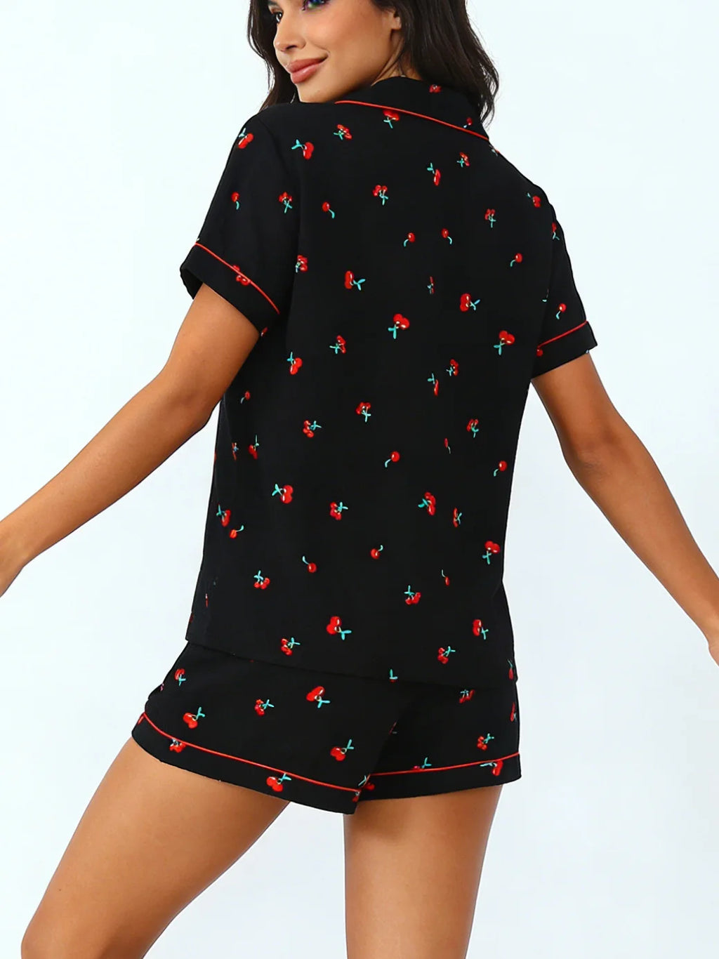 Women Pajamas Cardigan Lapel Short Sleeve Shorts Two Piece Set Loungewear Spring Summer Cute Cherry Print Black Base Loose Comfo