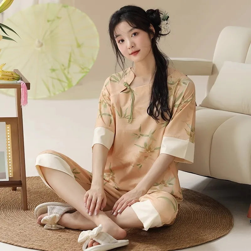 Gentle Floral Print Pajama Set Short Sleeve Top And Capri Pants Suit Vintage Women's Summer Sleepwear Loungewear Home Clothes
