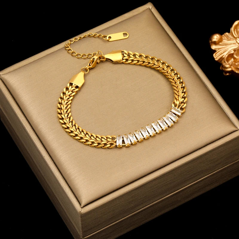 GANEMLY 316L Stainless Steel Round Sparkling Zirconia Bracelet For Women Fashion Fine Wrist Chain Waterproof Jewelry Lady Gift