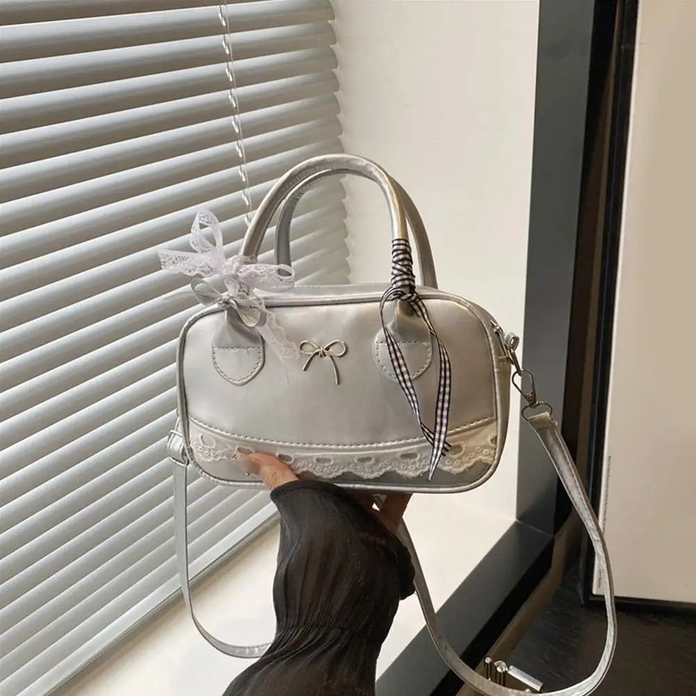 Simple Elegant Handbag Boston Shoulder bag Lace Ribbon Bow Decor Crossbody Bag Small Square Bag Casual Women Bags ﻿