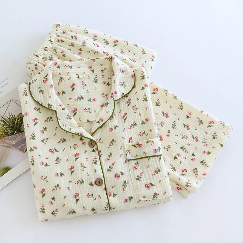 2026 Spring and Autumn Women's Pajama Set 100% Cotton Crepe Long sleeved Pants Two piece Cute and Sweet Home Fury Set Ladies