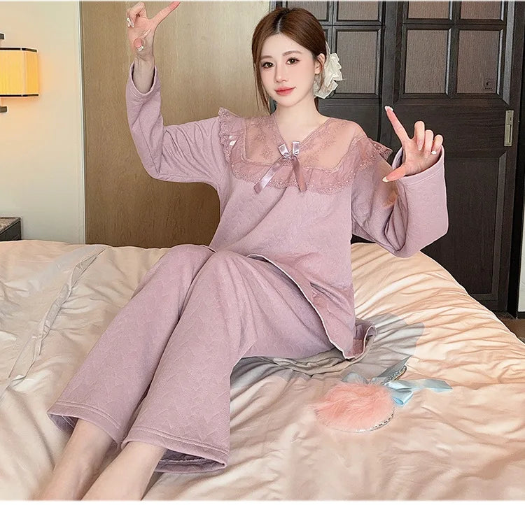 M-5XL Large Size Princess Sle Pajamas Set Women Autumn Long Sleeve Pants Home Clothes Lace Trim Solid Spwear Two Piece Set