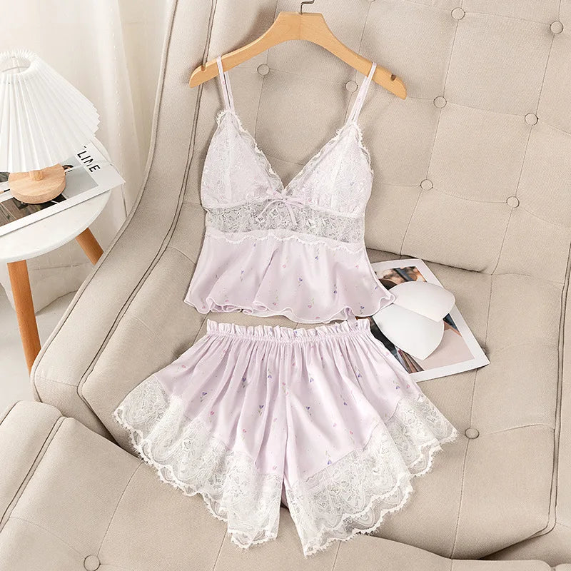 Sexy Suspender Pajamas Set Sleepwear Print Flower Lace Trim Sleepwear Intimate Lingerie Summer New Silk Satin Nightwear Homewear