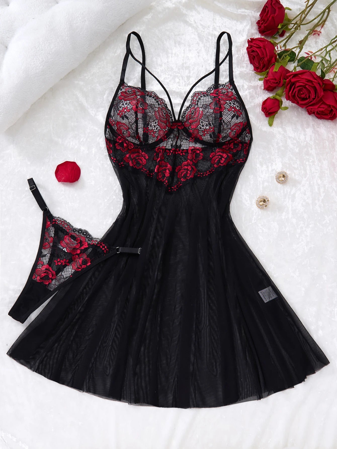 Lady's Sexy Lace Black Strapless Nightgown Transparent Floral Pattern Nightdress ZA825133