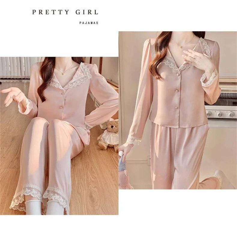 Two Piece Pajamas Set Women Satin Nightwear Home Clothes Spring Autumn Long Sleeve Shirt&pants Sleepwear Suit