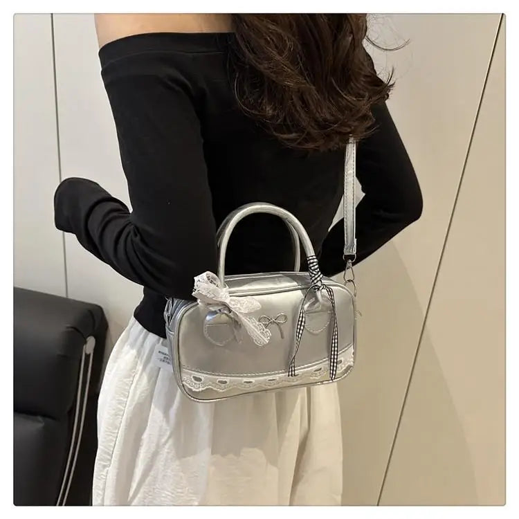 Simple Elegant Handbag Boston Shoulder bag Lace Ribbon Bow Decor Crossbody Bag Small Square Bag Casual Women Bags ﻿