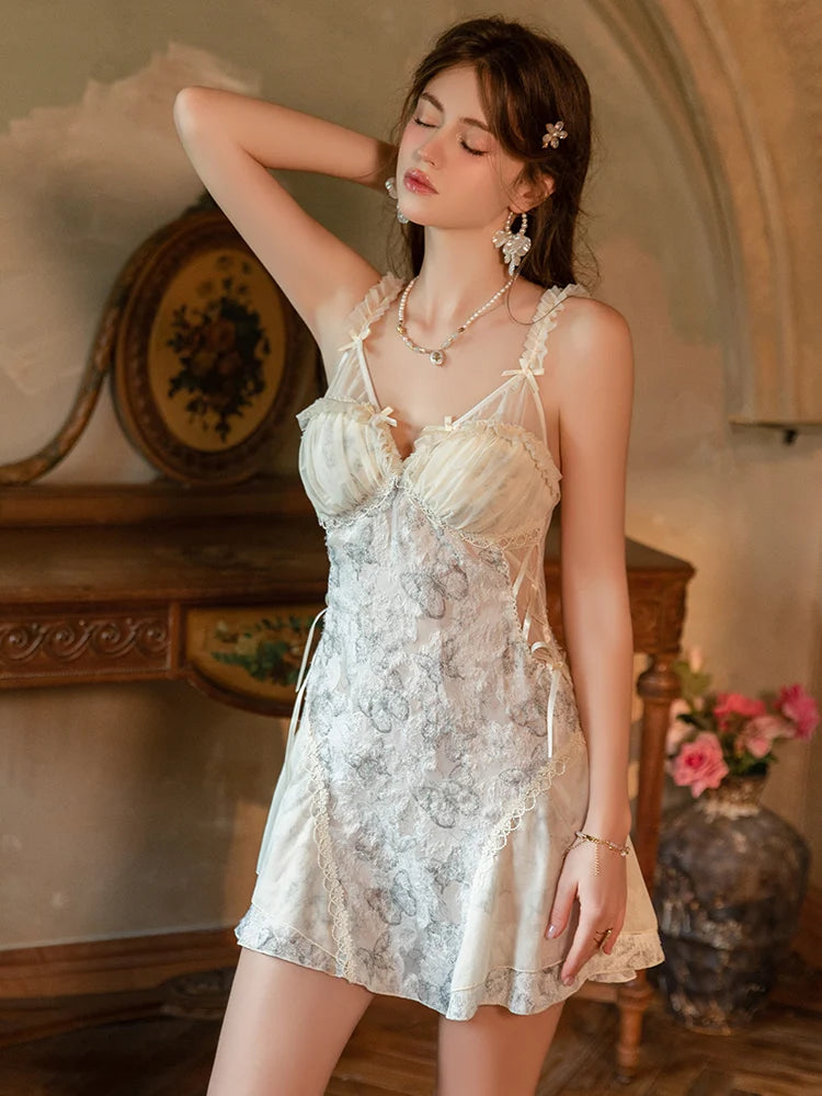 Magdalyn Women Floral Chiffon Padded Strappy Dress Sexy Bow A Line Mini Lace Patchwork Pajamas Erotic V Neck Sleepwear Nightgown