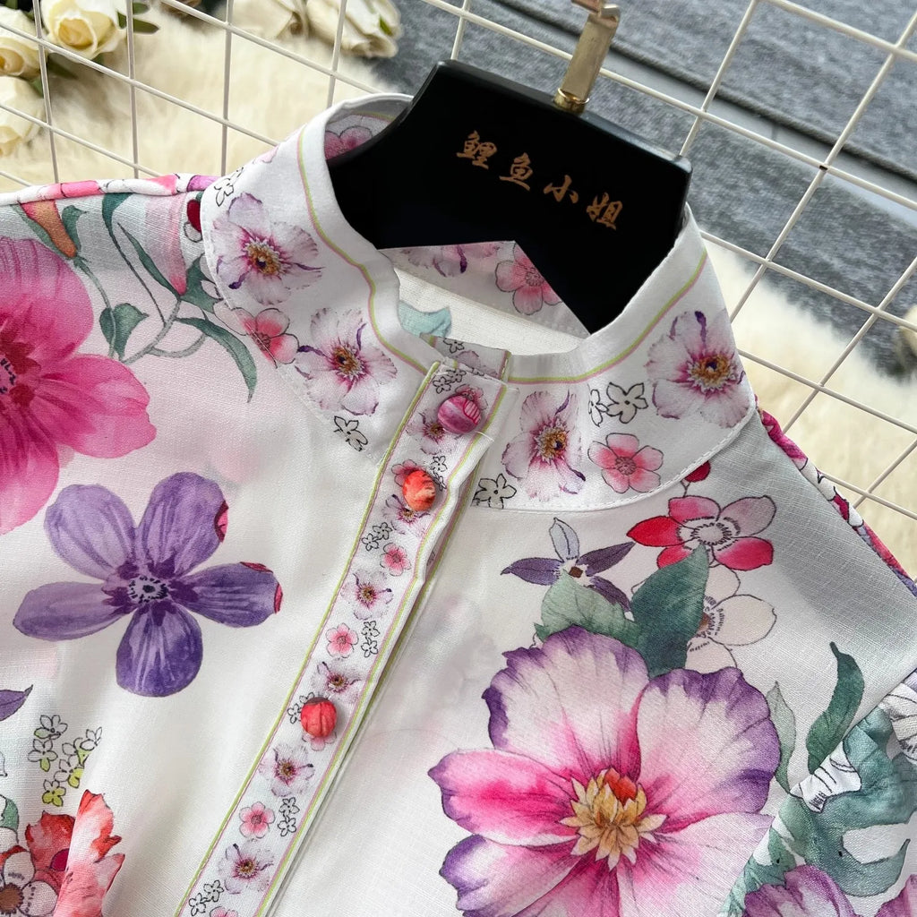 Runway 2025 Spring Summer Floral Print Long Shirt Dress Women's Turtleneck Lantern Sleeve Print Belt Casual Holiday Dress Female