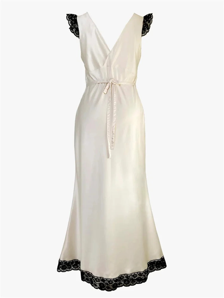 Tossy Fashion Satin Lace Long Dress Women V-Neck Patchwork Hollow Out Sleeveless Lace-Up Dress Evening Female Autumn Maxi Dress