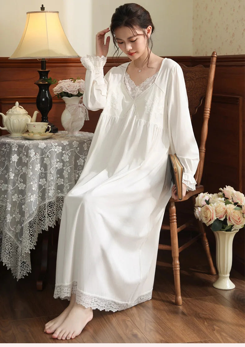 Vintage Victorian Nightgown Women Lace Embroidered Palace Style Princess Sleep Dress Cotton Soft Romantic French Loungewear