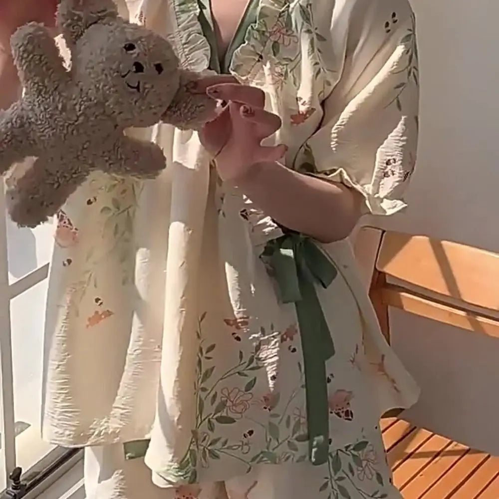 New Chinese Style Lace Up Pajama Suit Flower Reffle Shorts Sleeve Nightwear Women Homewear Loose Two Pieces Sleepwear Sets Home