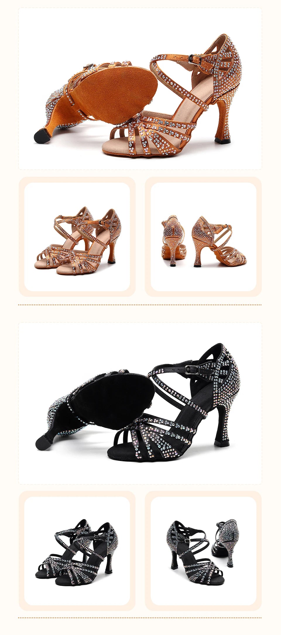 HROYL Ballroom Latin Dance Shoes Ladies Girls New Silk Satin Shiny Rhinestone Cuban High Heels Party Salsa Dance Shoes Women