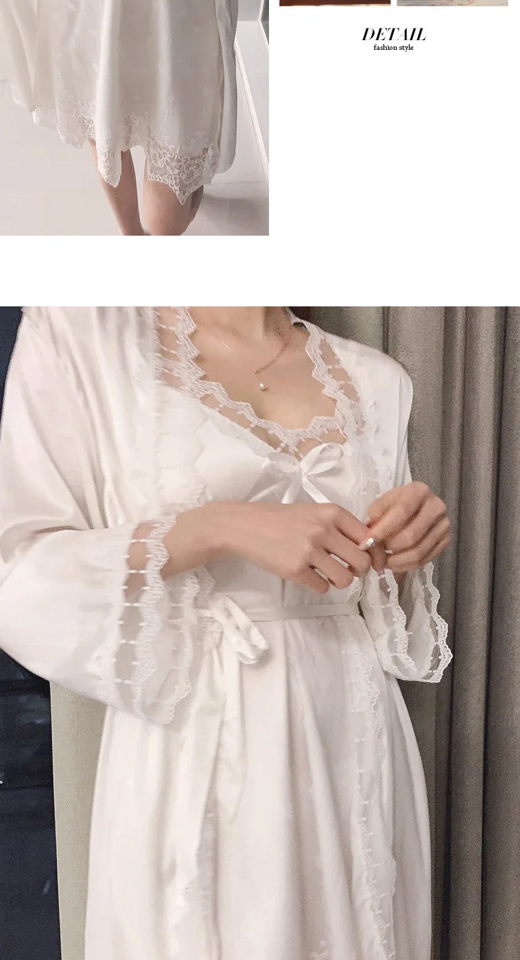 Bride Wedding Dress Set Dot Lace Flower Nightgown Lady White 2Pcs Nighty&dress Suit Sleepwear Satin Loungewear Kimono Bathrobe