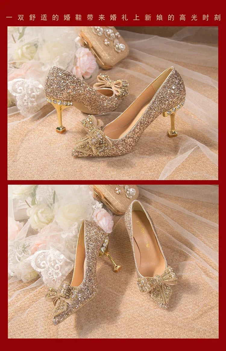 New  Women's Rhinestone Wedding Shoes Year Shoes Luxury Buckle Decorative Banquet Women's Shoes High Heels Gold Silver Red