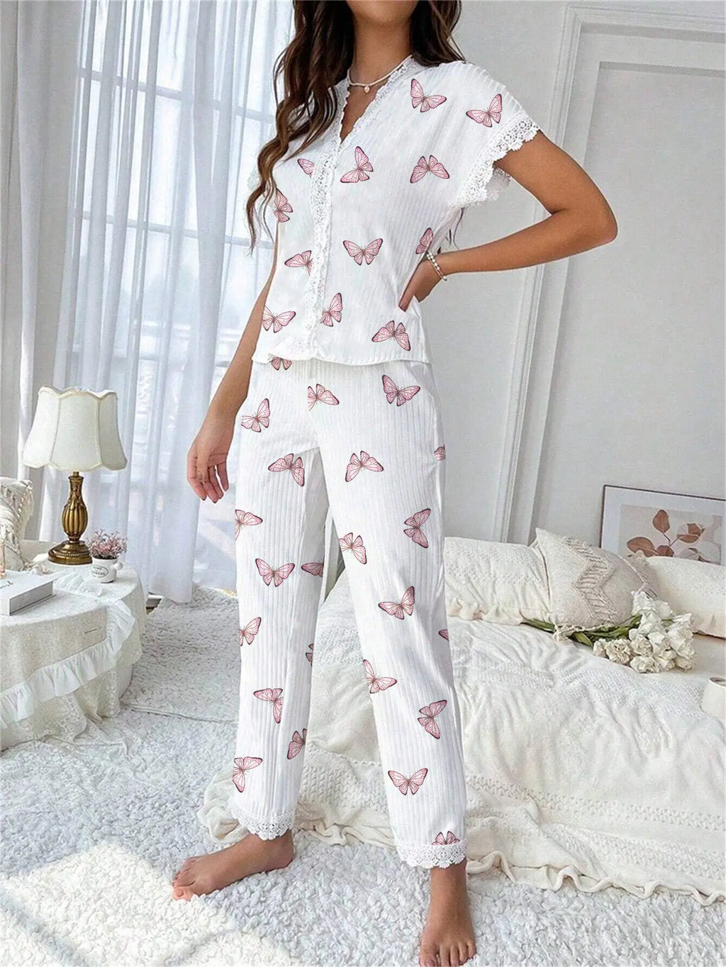 Early Spring Comfortable Pajamas Set with Floral Printed for Women Sleepwear Short Sleeve Top and Long Pants Homewear Loungewear