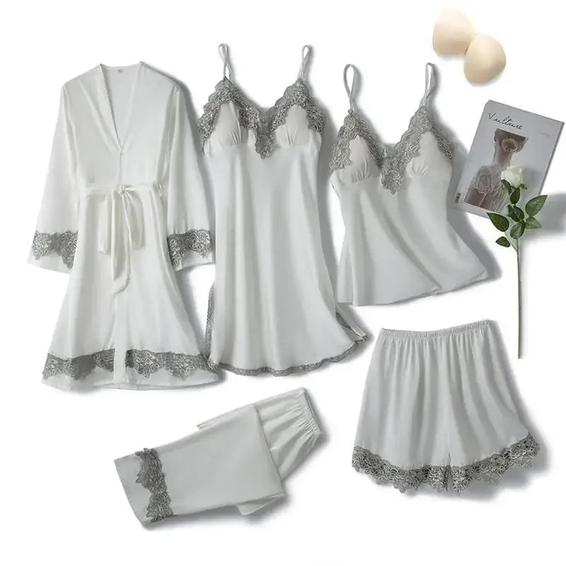 Pink Women Rayon 5PCS Robe Gown Sets Sexy Lace Floral Trim Bride Dressing Sleep Suit Loose Lingerie Pajamas Set Kimono Nightgown