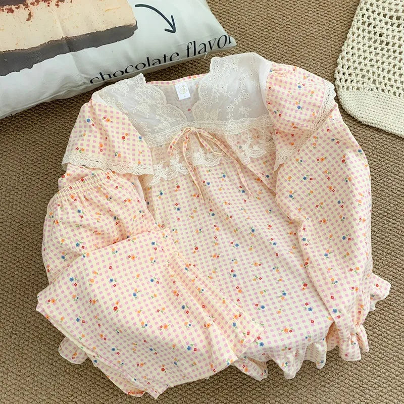 Korean Casual Lace Design Homewear Plus Size 2 Piece Suit Sweet Cute Print V-neck Women's Pajamas Set Autumn Winter New Pajamas