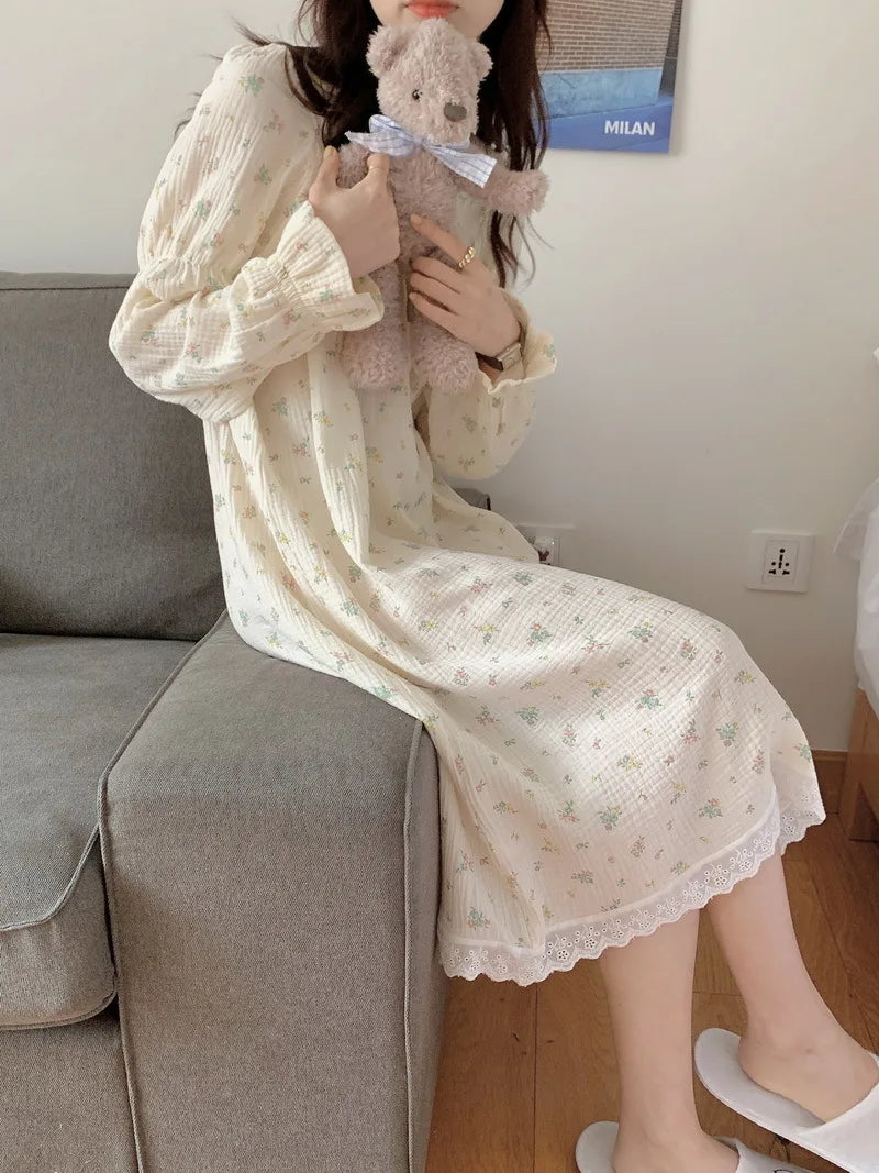 Sweet Girl Floral Print Long Nightdress Sleepwear Spring New Female Cotton Nightgown Lounge Wear Casual Bathrobe Home Wear
