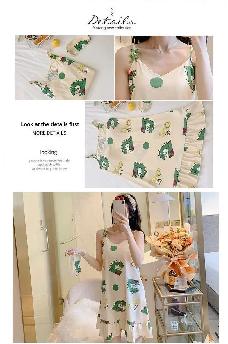 New with Bra Pad, Free Eye Mask, Sling, Loose and Cute Cartoon Animal Pajamas, Nightgown Role-playing Sleepwear Women