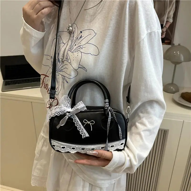 Simple Elegant Handbag Boston Shoulder bag Lace Ribbon Bow Decor Crossbody Bag Small Square Bag Casual Women Bags ﻿