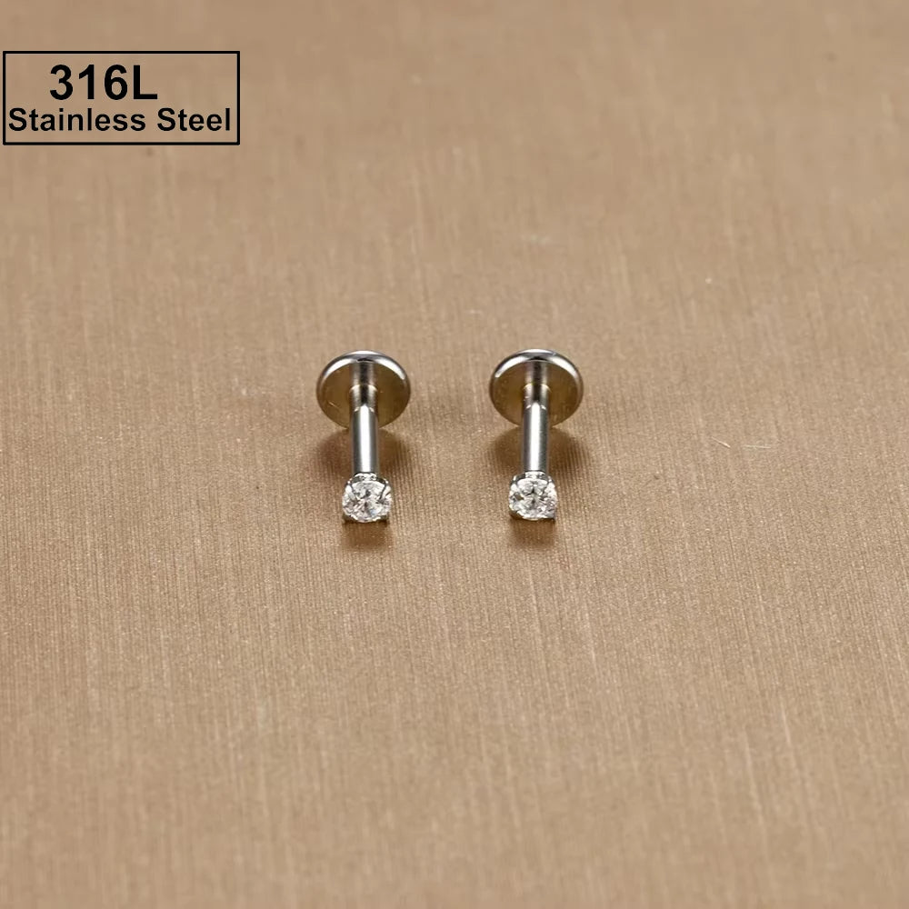 2PC Labret Tragus Stud Earrings 16G Surgical Stainless Steel CZ Crystal Monroe Helix Cartialge Conch Medusa Lip Body Piercing