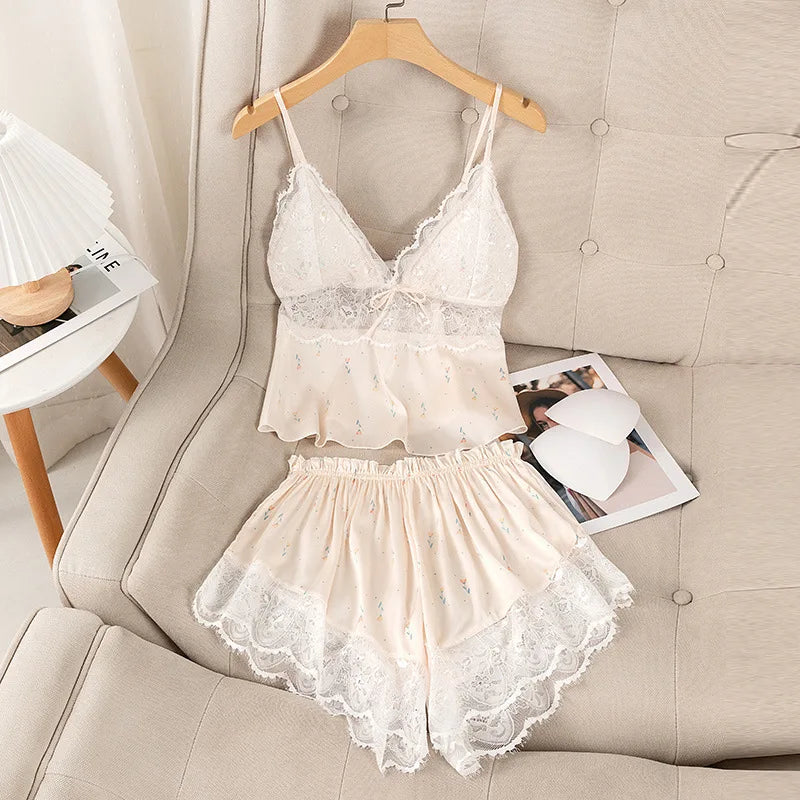 Sexy Suspender Pajamas Set Sleepwear Print Flower Lace Trim Sleepwear Intimate Lingerie Summer New Silk Satin Nightwear Homewear