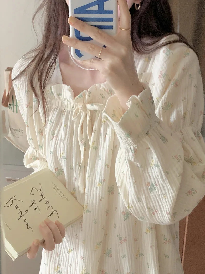 Sweet Girl Floral Print Long Nightdress Sleepwear Spring New Female Cotton Nightgown Lounge Wear Casual Bathrobe Home Wear