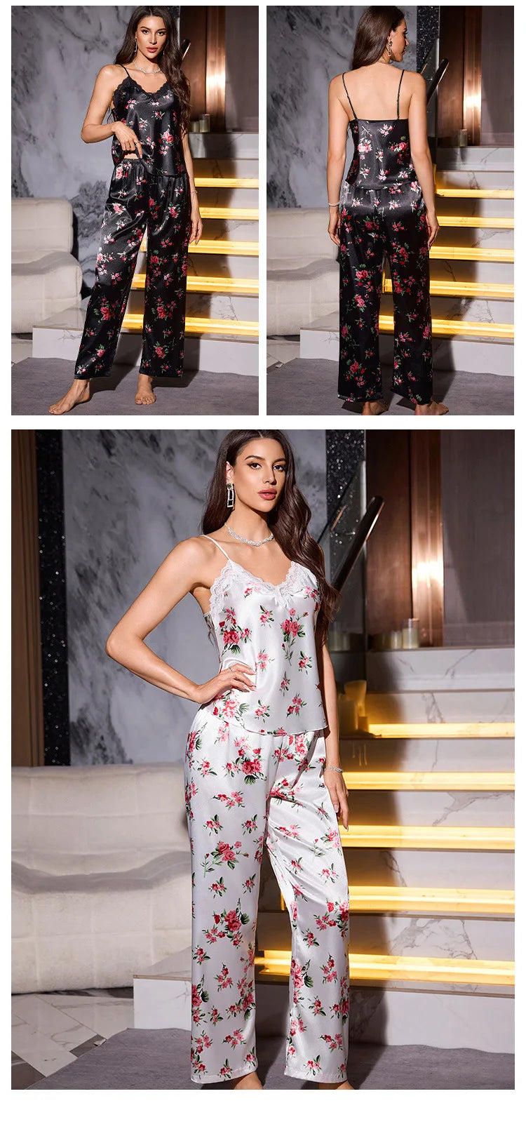Print Flower Female Suspender Pajamas Set Sleepwear Sexy Lace Intimate Lingerie Trouser Pijamas Suit Silky Satin Home Clothes