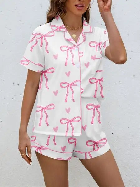 Women's Bow Print Pajama Set, Casual Shirt Collar Soft Top & Elastic Shorts, Comfortable Home Wear for All Seasons