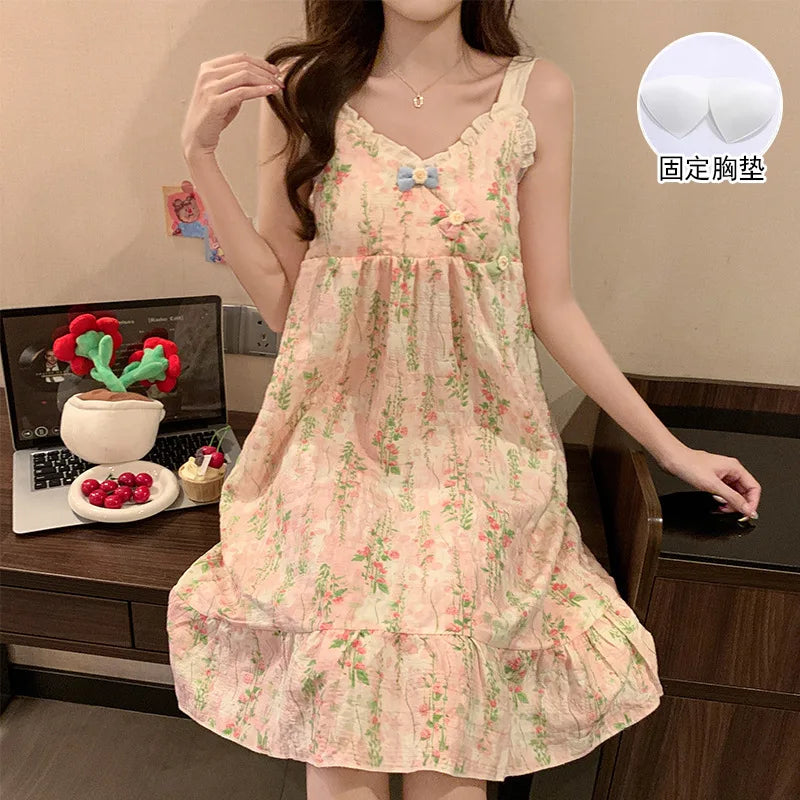 Sweet Lace Ruffle Sleepwear Woman Korean Fly Sleeves Summer Nightgown with Cheat Pad  V-neck Pajamas Dress Sleeping Home Clothes
