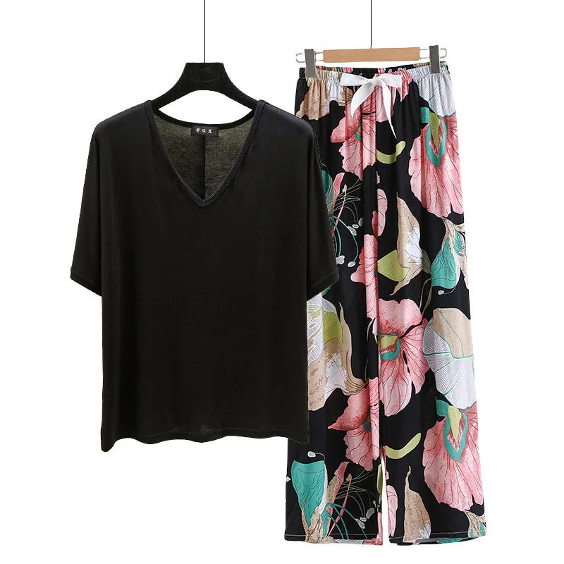 V Neck Tshirt with Poplin Floral wide leg pants summer cool pajamas sets Loose casual homewear suit Rayon Loungewear all match