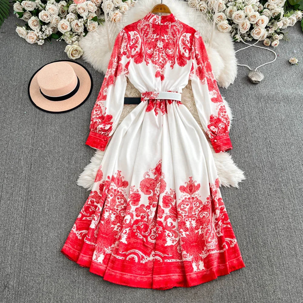 Spring Autumn Retro Palace Style Dress New French Printed Lantern Sleeve Stand Collar A-line Long Dress Femade C110