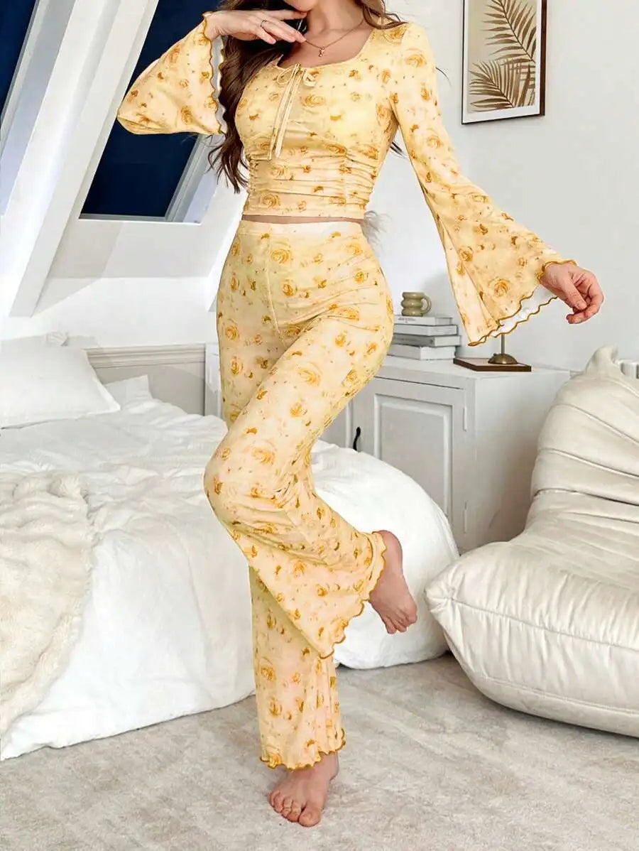 Women Pajama Sets Casual Pajamas Flower Print Long Sleeve High Waist Pants Loungewear Two-piece Set Can Be Worn Outside Pijamas