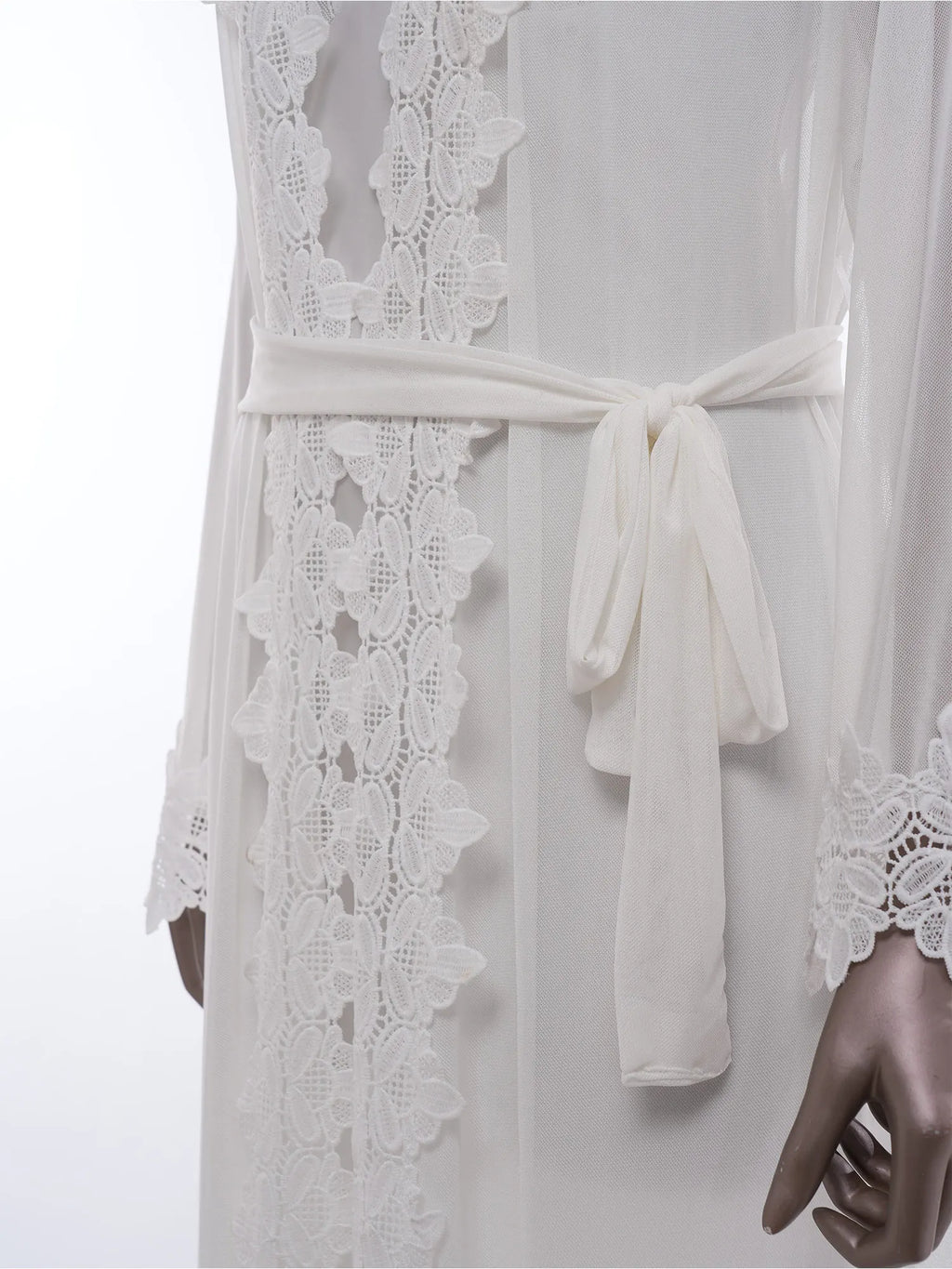 Womens Floral Lace Nightgown Set Long Sleeve Sheer Mesh Robe with Backless Satiny Sling Dress Gown Belt for Bride Wedding Night