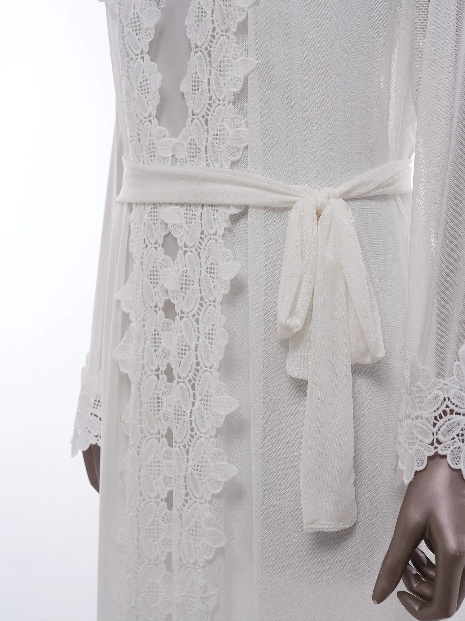 Womens Floral Lace Nightgown Set Long Sleeve Sheer Mesh Robe with Backless Satiny Sling Dress Gown Belt for Bride Wedding Night
